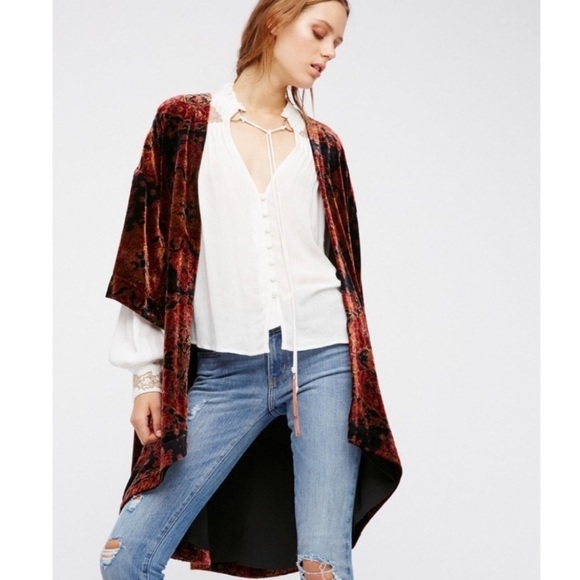 Free People Sweaters - Free People Velvet Kimono Orange Rust Black Size XS Small